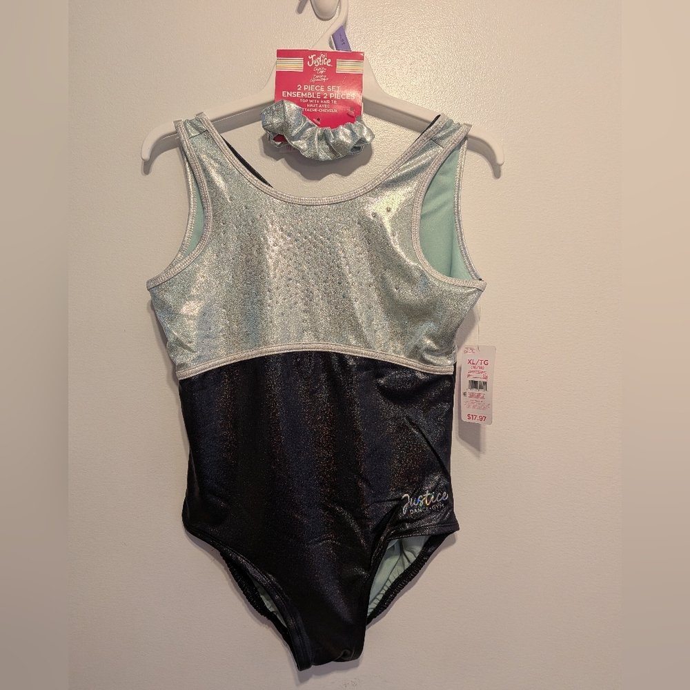 Justice Silver and Black Leotard with Scrunchie